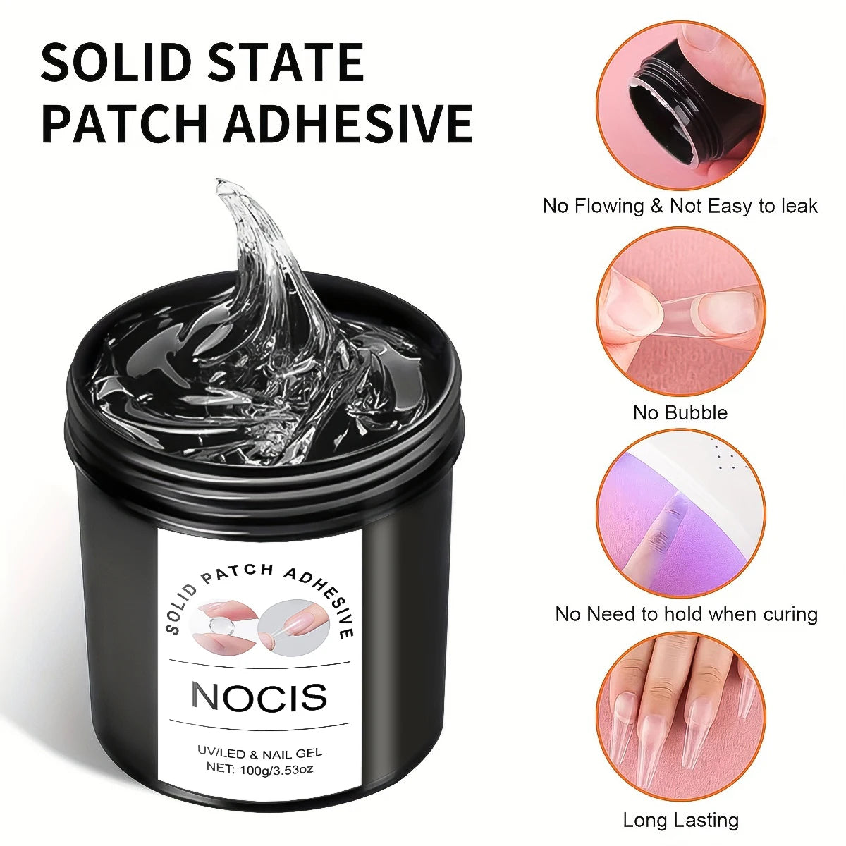 100g Solid Patch Adhesive Gel for Nails - Long-Lasting, Strengthening & Extension Nail Glue, No Damage to Nails, Glossy Finish